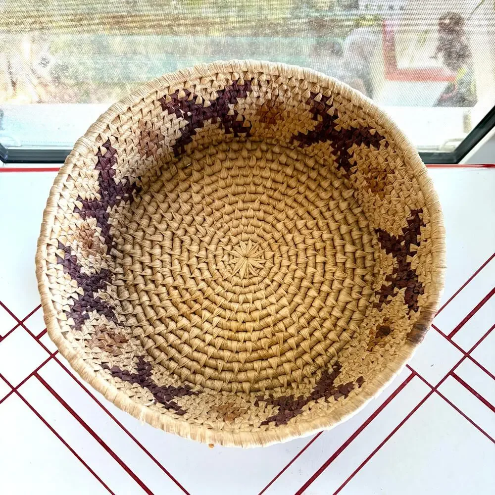 Vintage Woven Basket Bowl Natural Fiber Geometric Pattern 10 Inch